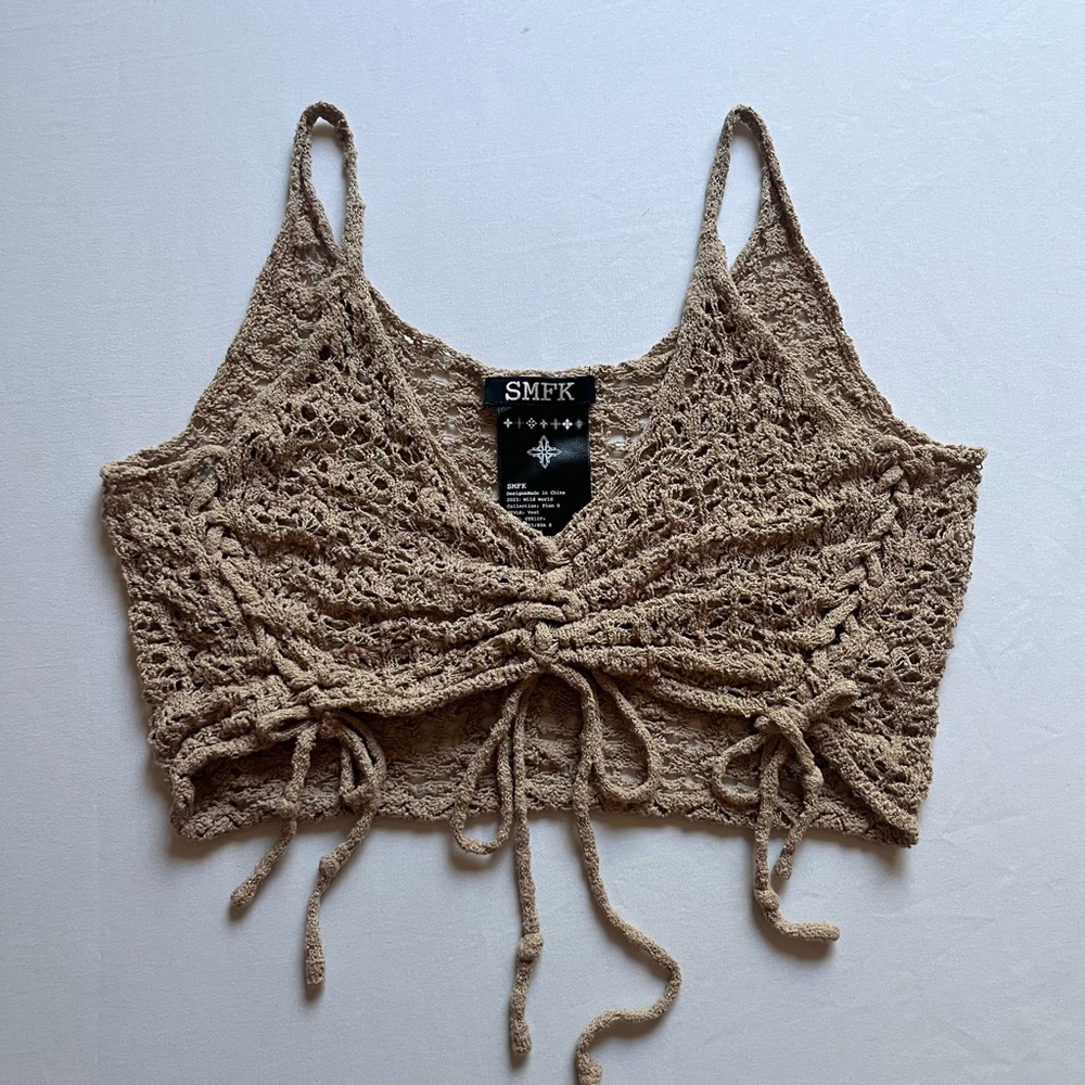 SMFK tan brown open knit ruched tie detail cropped‎ sweater tank top